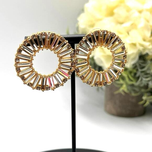 J. Crew Clear Crystal Baguette Round Pinwheel Forward Hoop Pierced
Earrings - Picture 2 of 8
